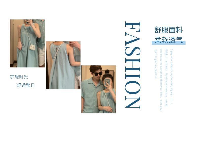 Couple Matching Sleeveless Crew Neck Plain Midi A-Line Dress / Short-Sleeve Lapel Collar Shirt / Mid Rise Shorts / Set Product Image