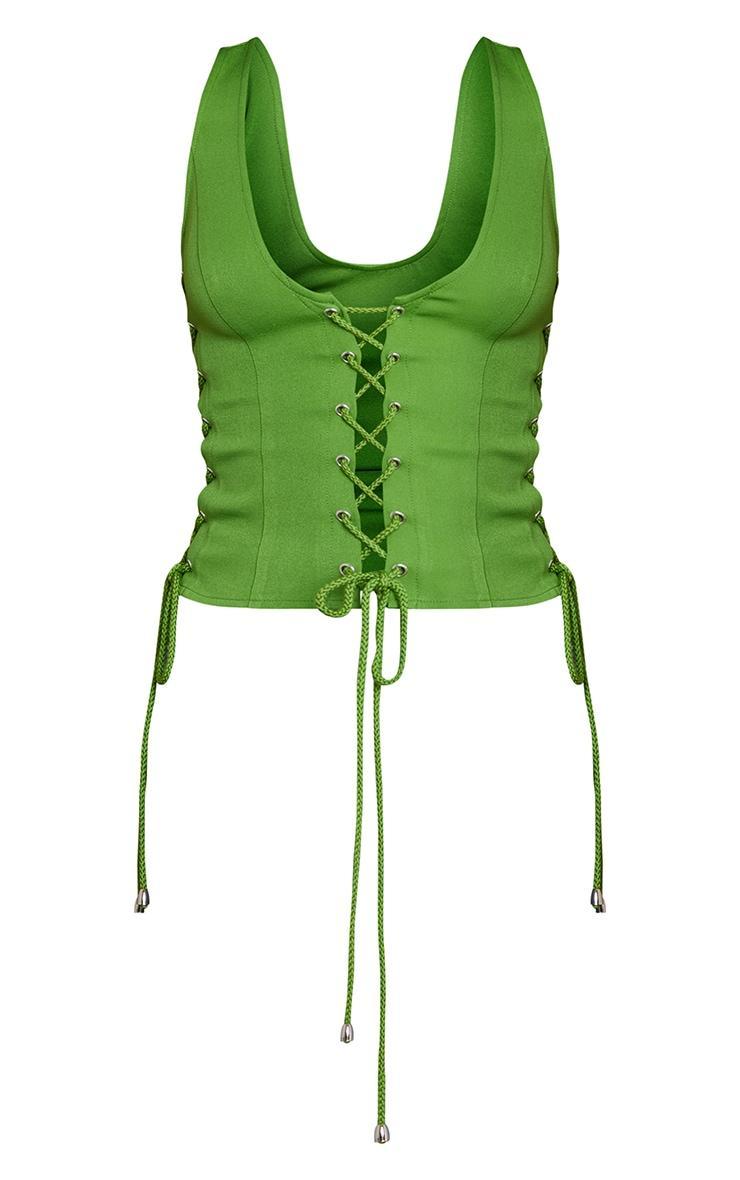 Bright Green Woven Lace Up Detail Plunge Sleeveless Top Product Image