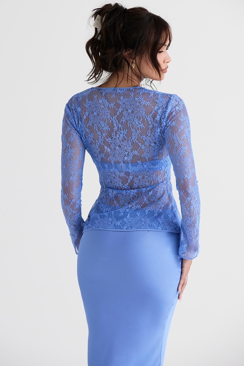 Clara  blue satin bias cut midi skirt Product Image