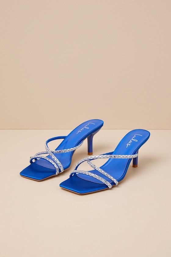 Birdine Sapphire Satin Rhinestone High Heel Sandals Product Image