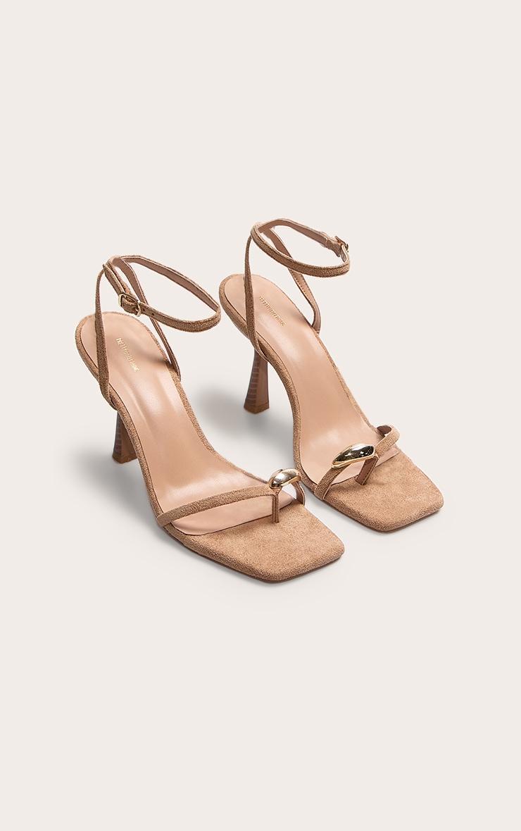 Tan Faux Suede Square Toe Gold Trim Mid Stiletto Heeled Sandals Product Image