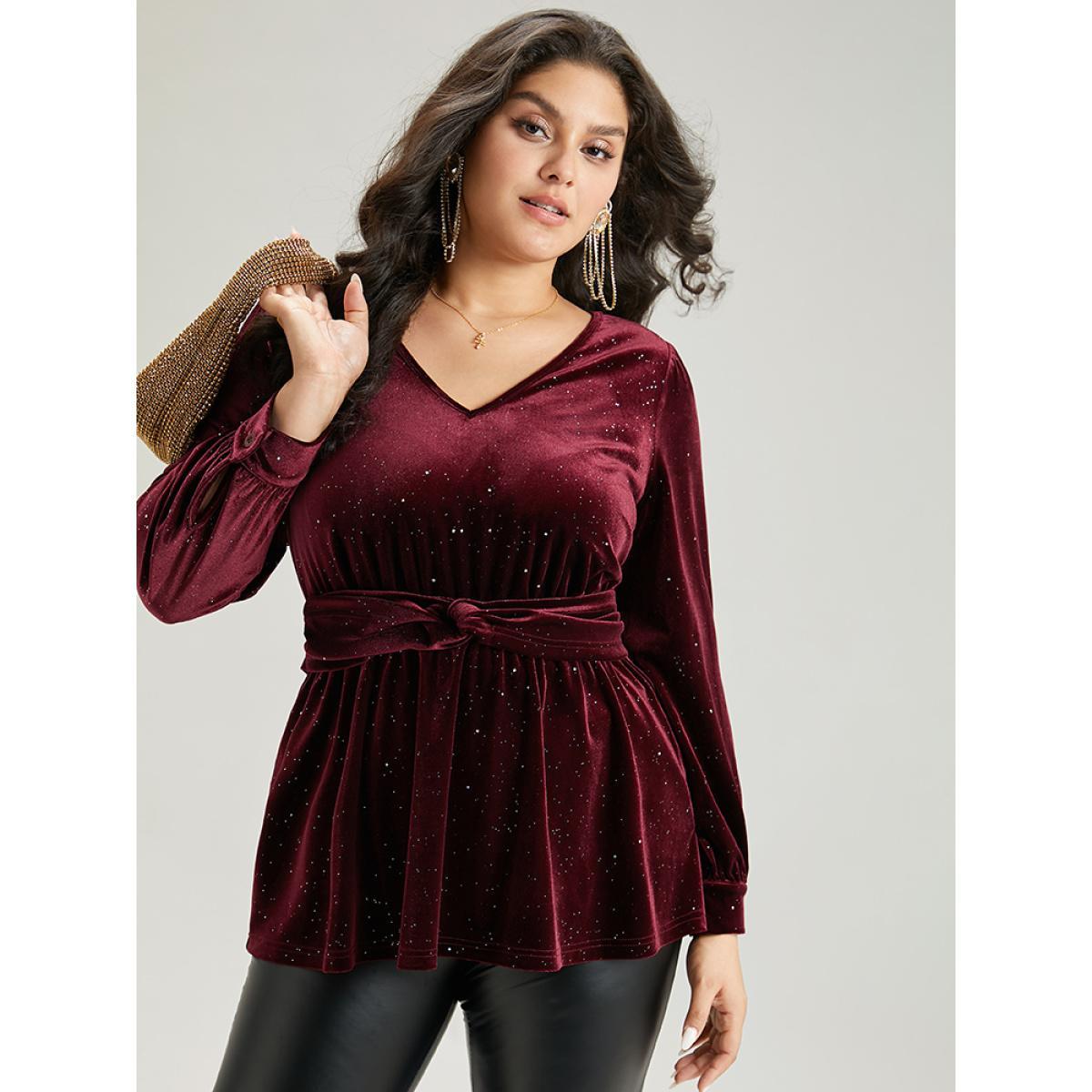 Plus Size Scarlet Glitter Sequin Velvet Twist Front V Neck Blouse Women Cocktail Long Sleeve V-neck Party Blouses BloomChic 12/L Product Image