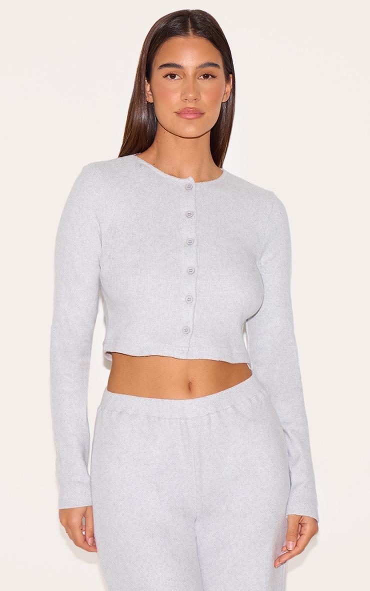 Ash Grey Brushed Rib Button Front Cardigan Product Image