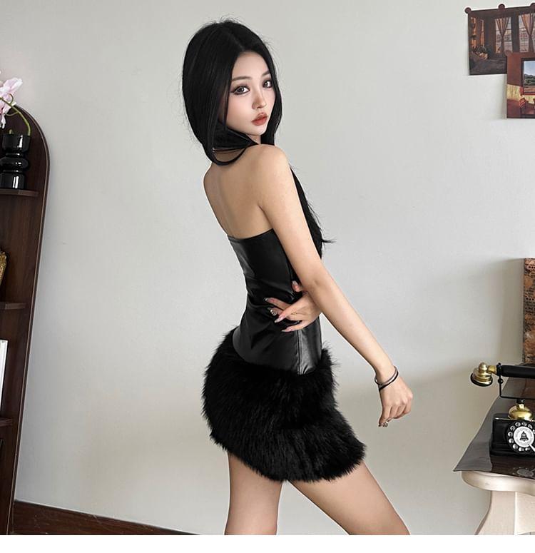 Strapless Plain Fluffy Trim Faux Leather Mini Sheath Dress Product Image