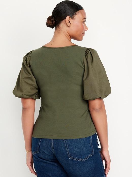 Puff-Sleeve Mixed Fabric Top Product Image