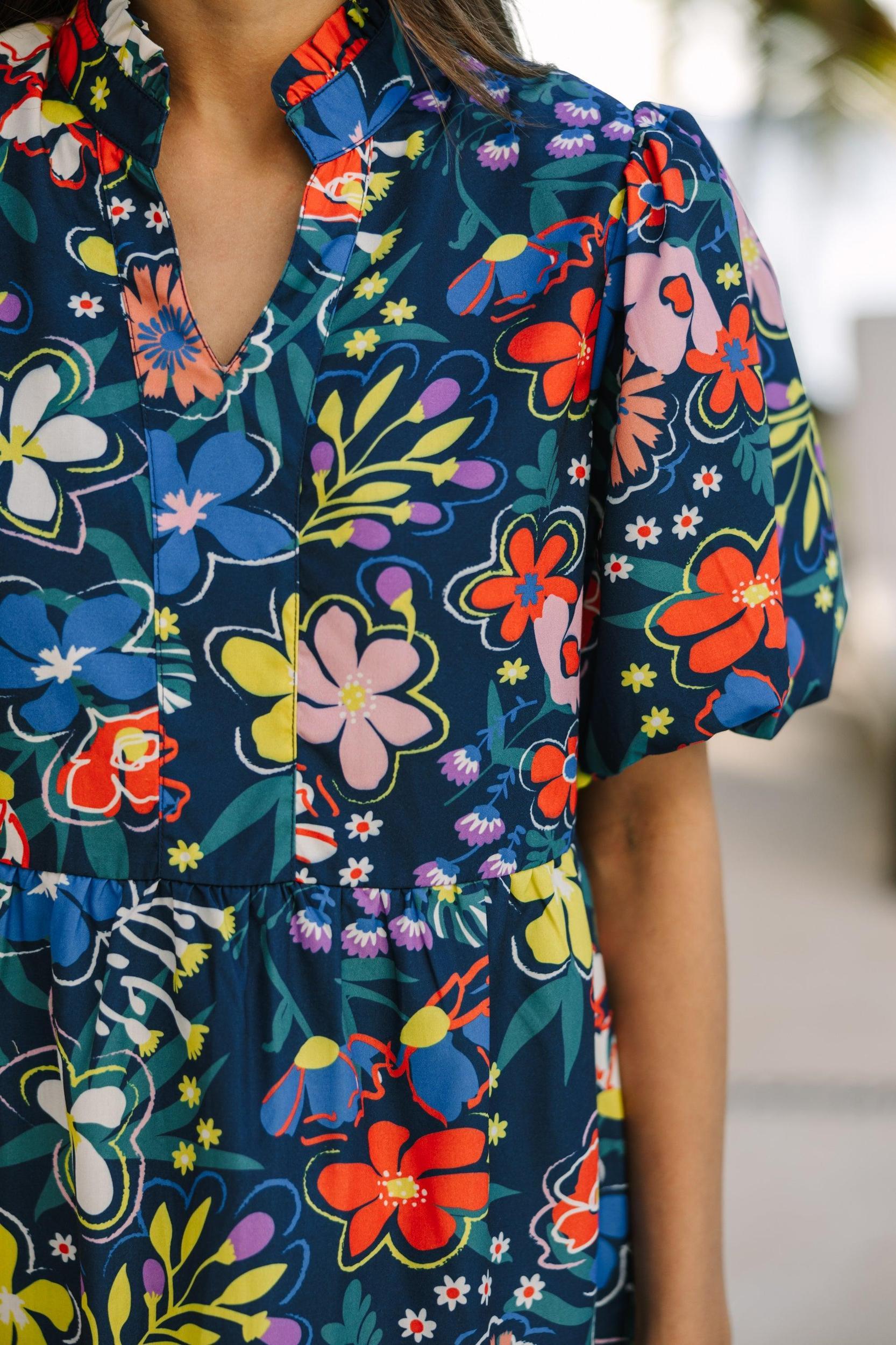 When You Know Navy Blue Floral Babydoll Dress Female Product Image
