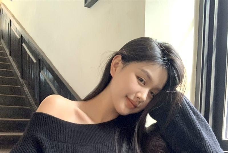 Off Shoulder Plain Ribbed Knit Oversized Sweater Product Image