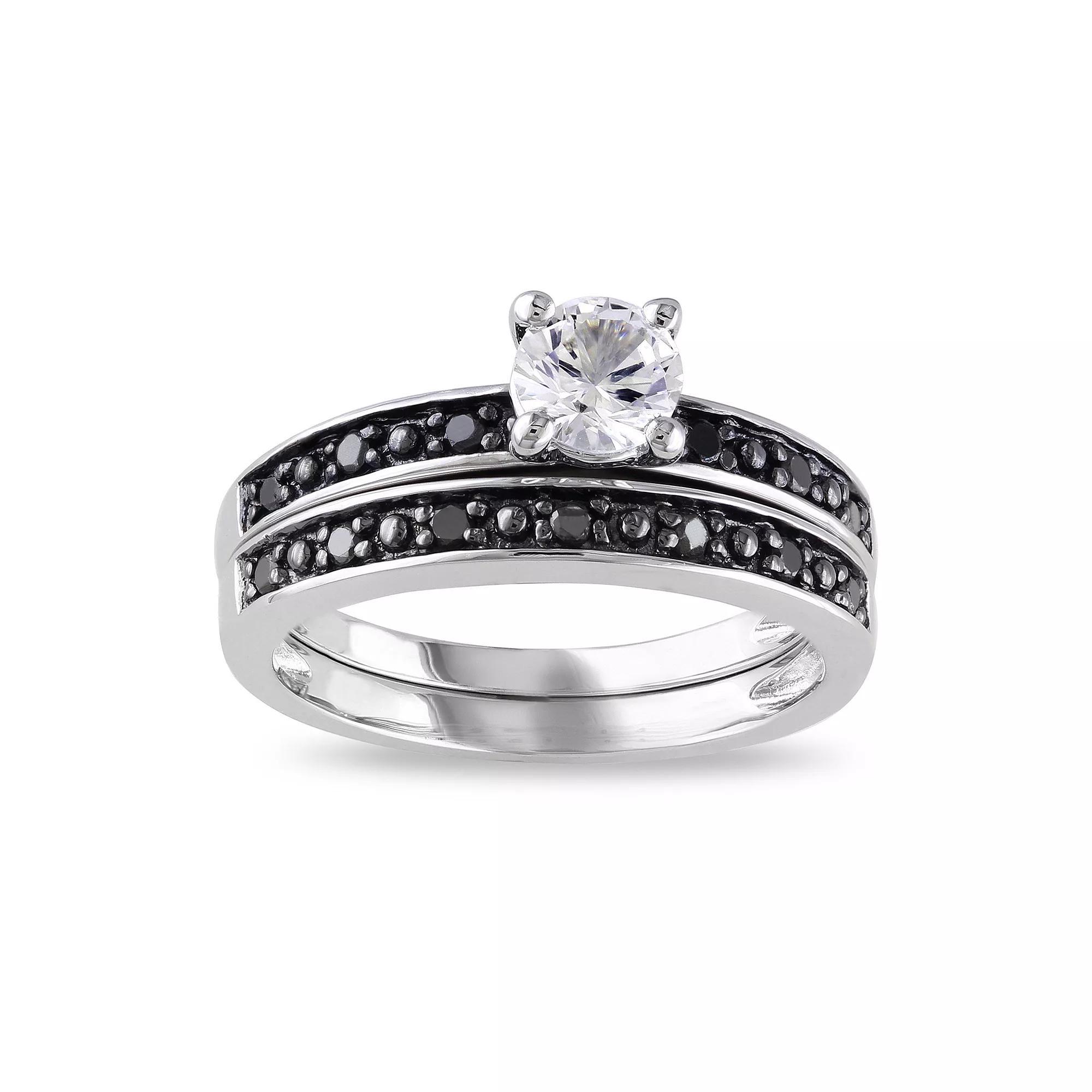 Stella Grace Sterling Silver Lab-Created White Sapphire & 1/10 Carat T.W. Black Diamond Engagement Ring Set, Women's, Size: 5 Product Image