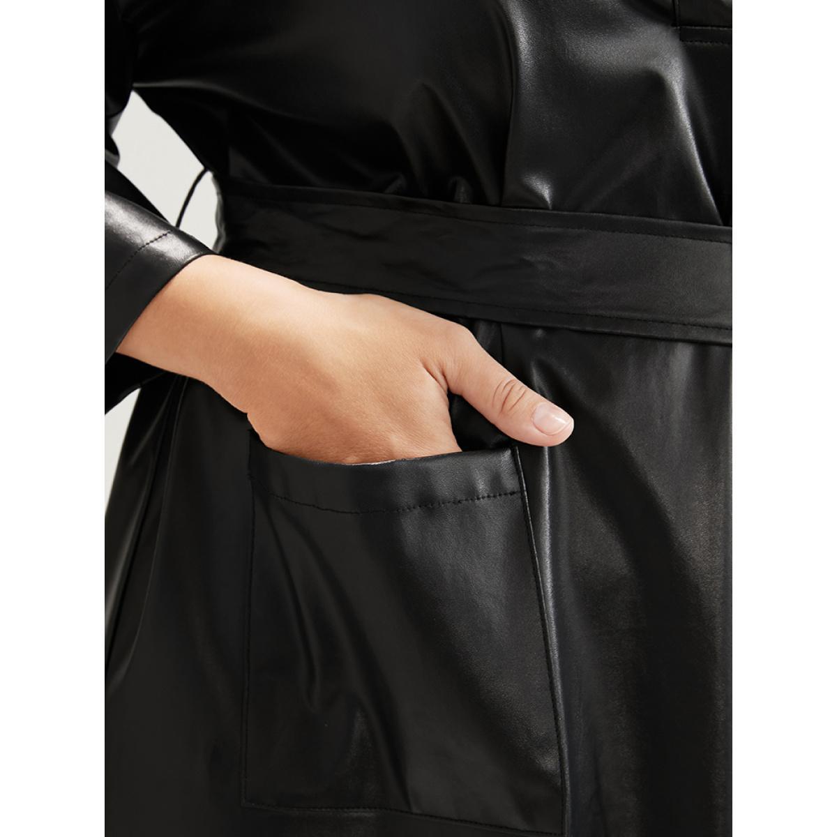 Plus Size PU Leather Pocket Belted Arc Hem Dress Black Women Party Belted V-neck Elbow-length sleeve Curvy Midi Dress BloomChic 22-24/3X Product Image