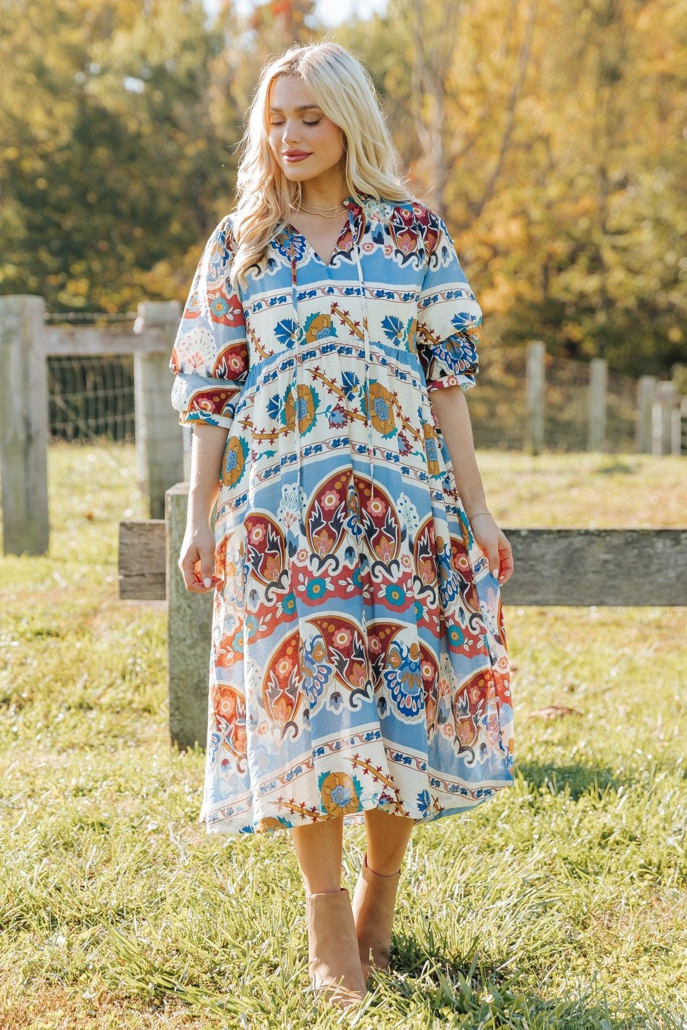 Blue Multi Border Print Midi Dress - FINAL SALE Female Product Image