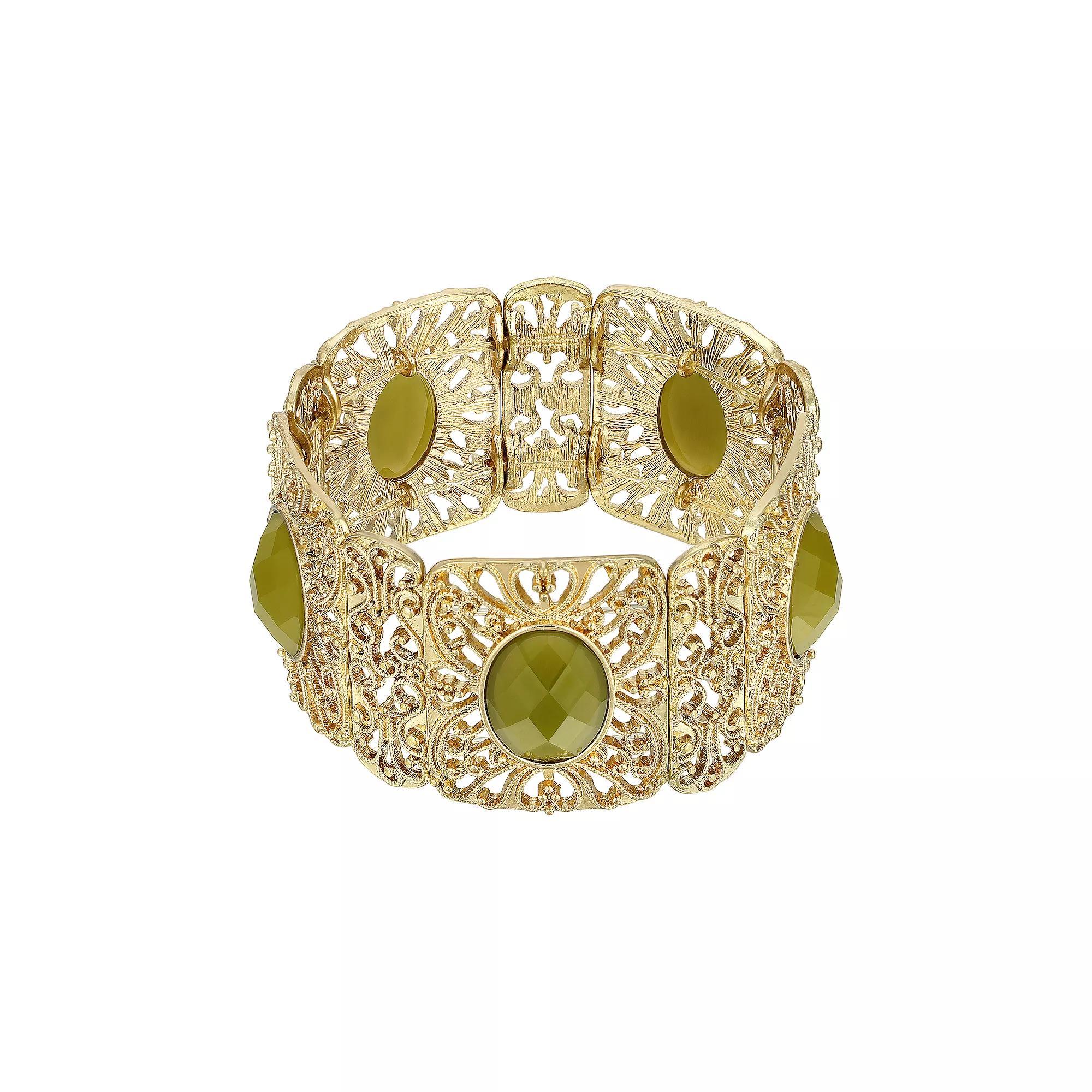 1928 Gold Tone Faceted Filigree Wide Stretch Bracelet, Womens, Green Product Image