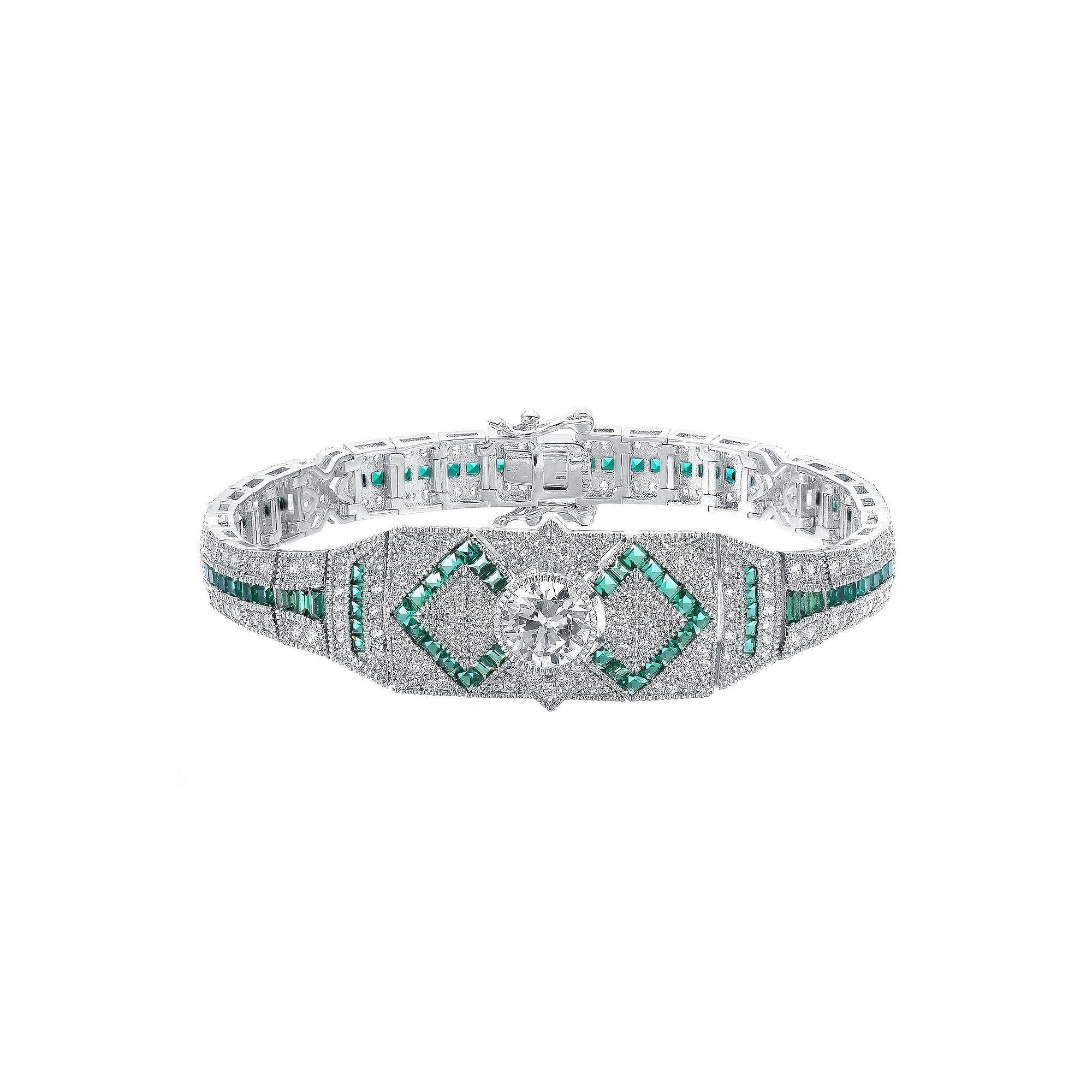 Sterling Silver Round & Baguette Cubic Zirconia Link Bracelet, Womens Product Image