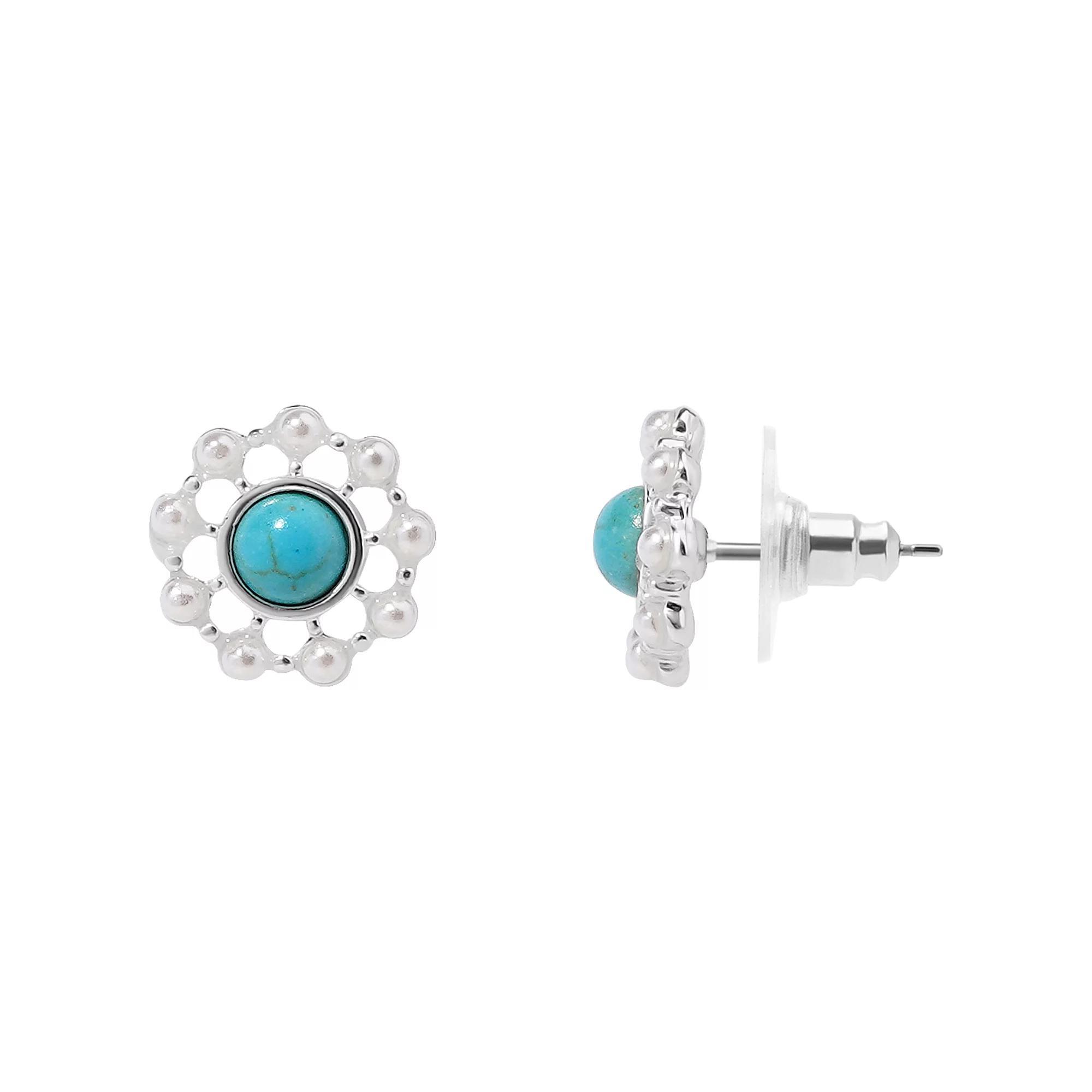 LC Lauren Conrad Sterling Silver Simulated Turquoise & Simulated Pearl Flower Stud Earrings, Women's, Blue Product Image
