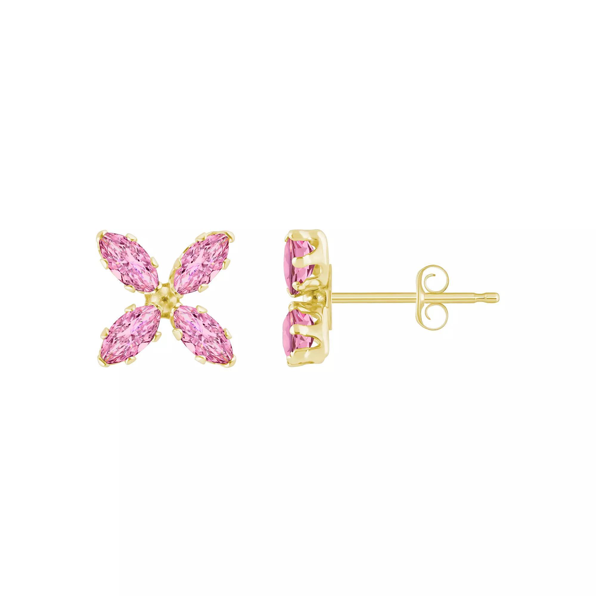 Celebration Gems 10k Gold Marquise Cubic Zirconia Flower Stud Earrings, Womens, Pink Product Image