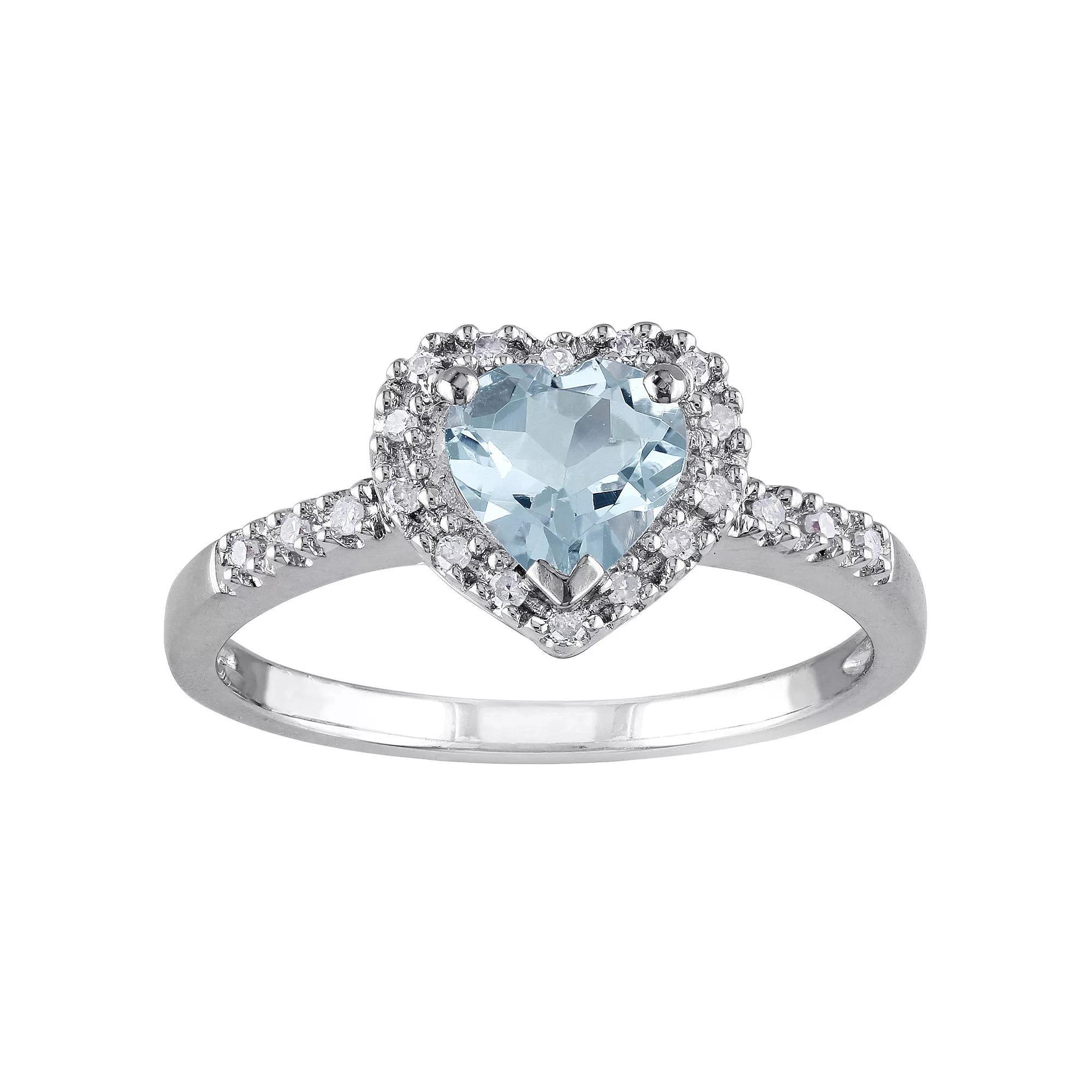 Stella Grace Sterling Silver Aquamarine & 1/10 Carat T.W. Diamond Heart Halo Ring, Women's, Size: 7.50 Product Image