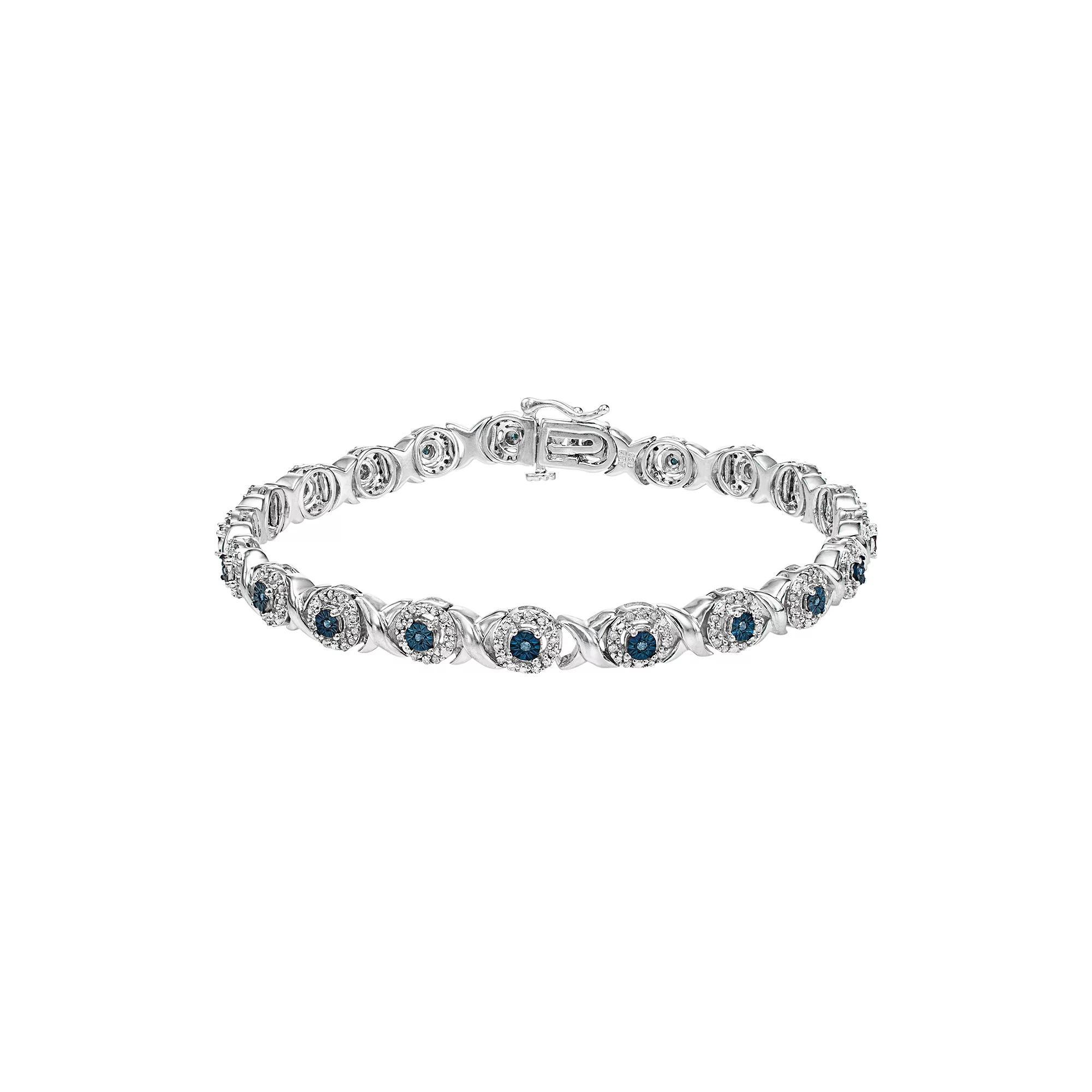 Sterling Silver 1 Carat T.W. Blue & White Diamond XO Bracelet, Women's, Size: 7.25" Product Image