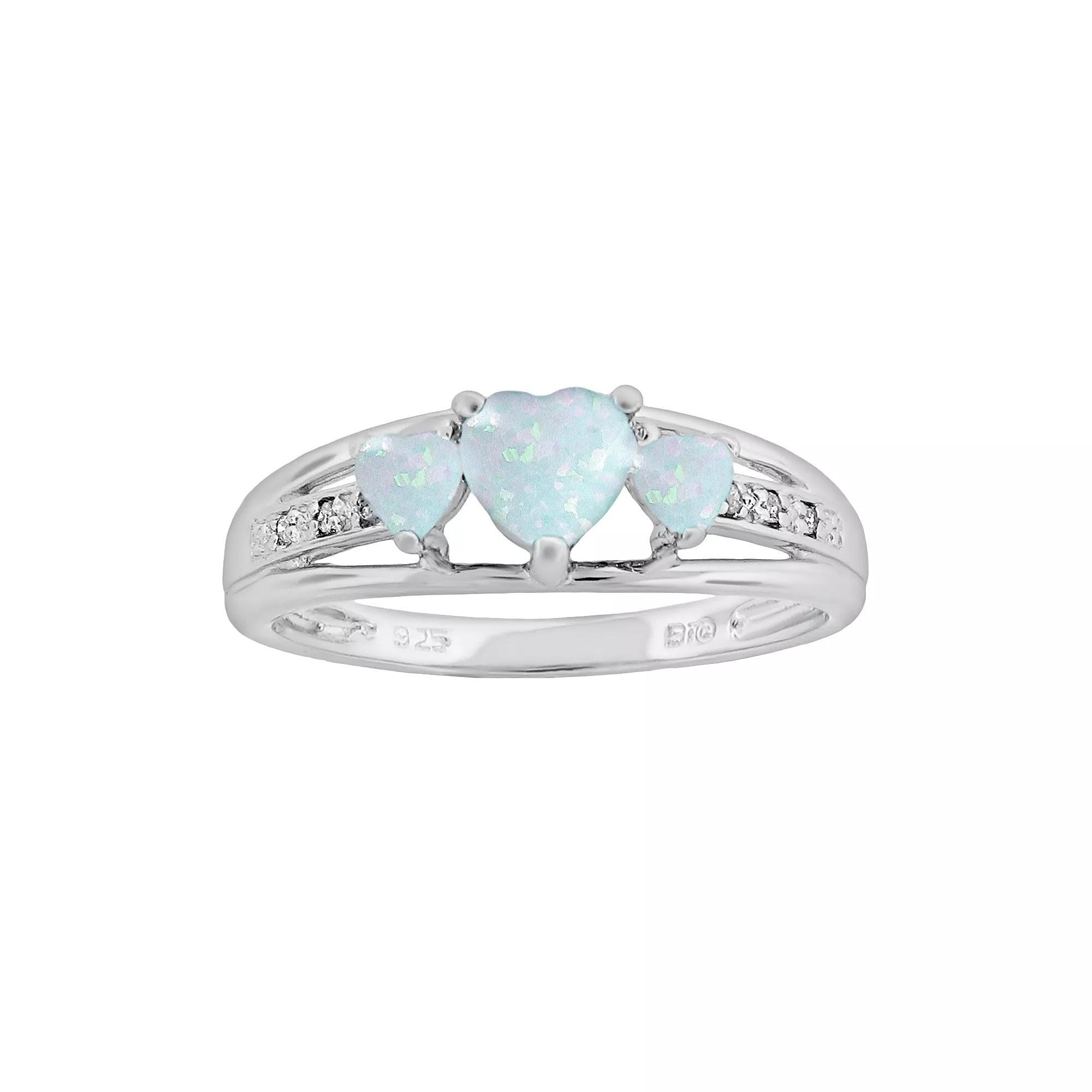 Gemminded Sterling Silver Lab-Created Opal and Diamond Accent Heart 3-Stone Ring, Women's, Size: 9, White Product Image