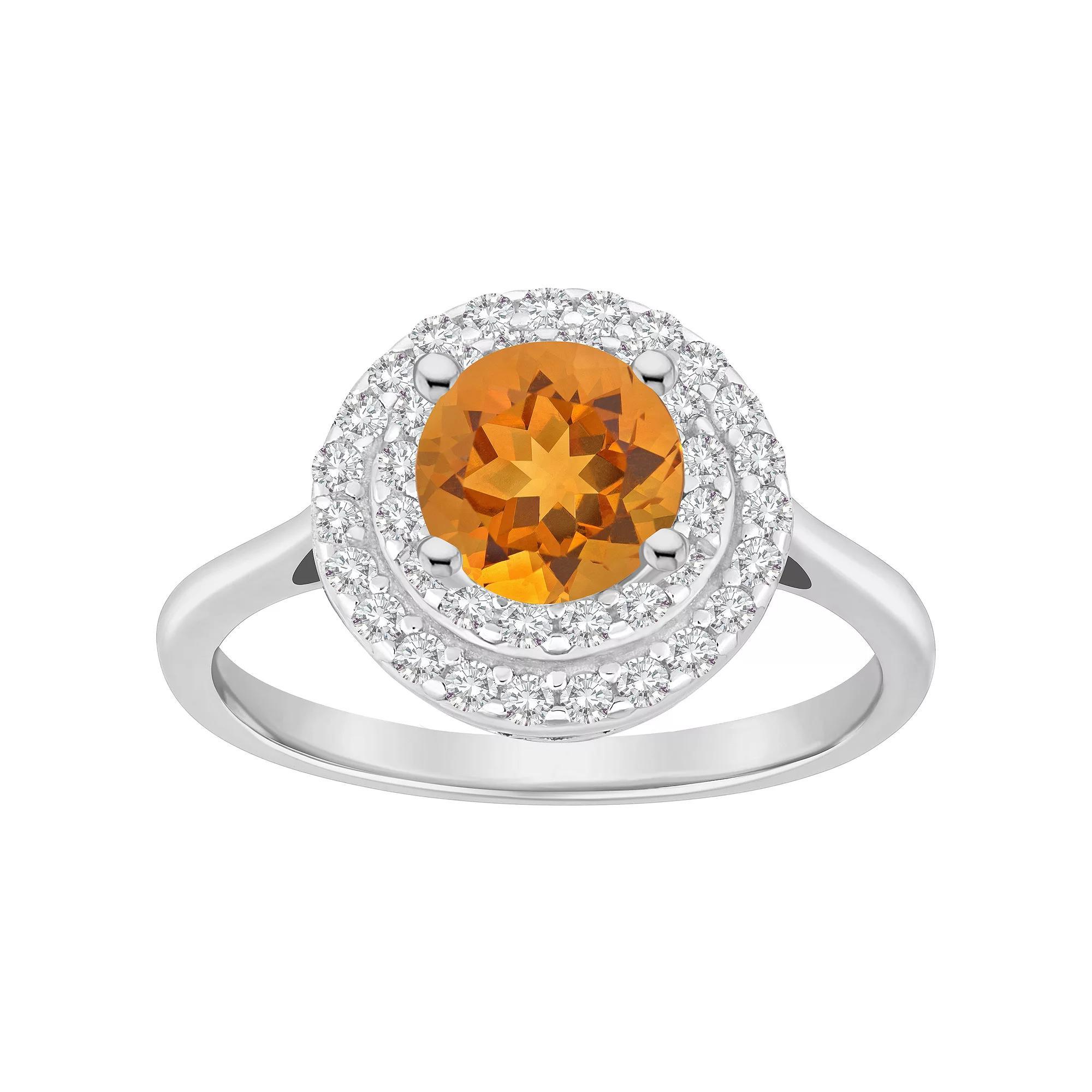 Celebration Gems Sterling Silver Round-Cut Citrine & White Topaz Double Halo Ring, Women's, Size: 5 Product Image
