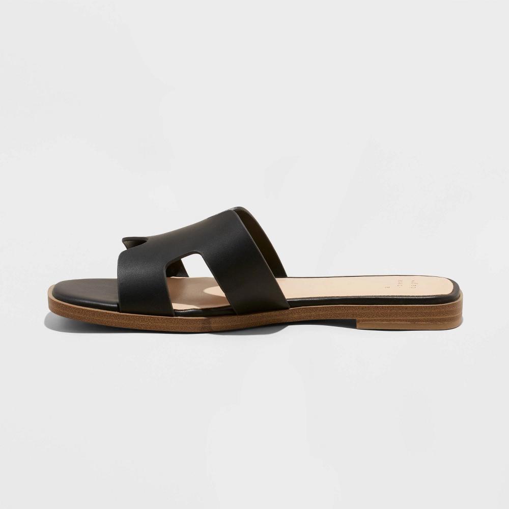 Womens Nina Slide Sandals - A New Day Black 9: Slip-On Faux Leather, Open Toe, Textured Outsole, Medium Width Product Image