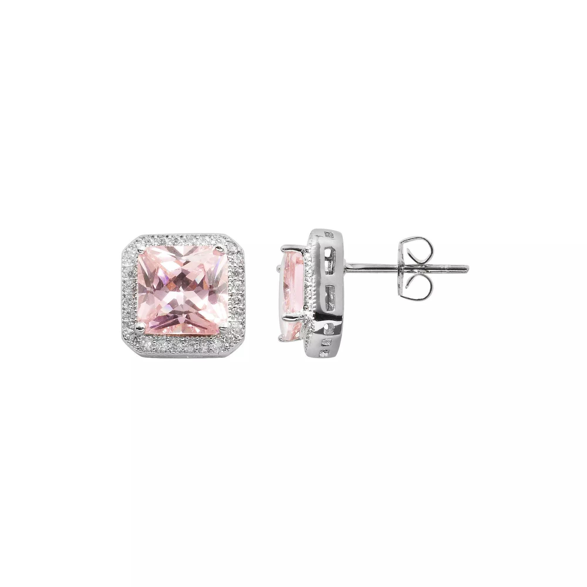 The Silver Lining Silver Plated Pink & White Cubic Zirconia Square Frame Stud Earrings, Women's Product Image