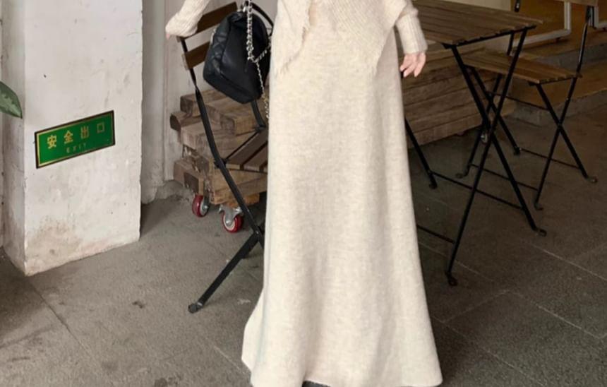 Set: V-Neck Plain Distressed Front-Slit Sweater + High Waist Maxi A-Line Skirt Product Image