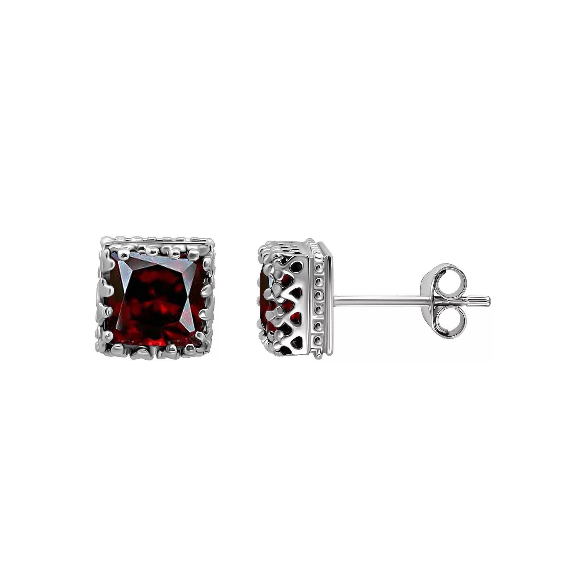 Aleure Precioso Sterling Silver Square Crown Set Stud Earrings, Women's, Red Product Image