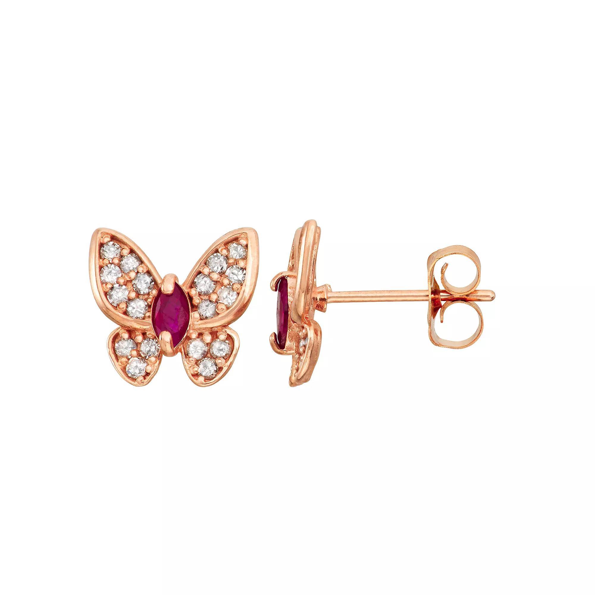 Tiara 10k Rose Gold Ruby 1/5 Carat T.W. Diamond Butterfly Stud Earrings, Womens, 10k Pink Product Image