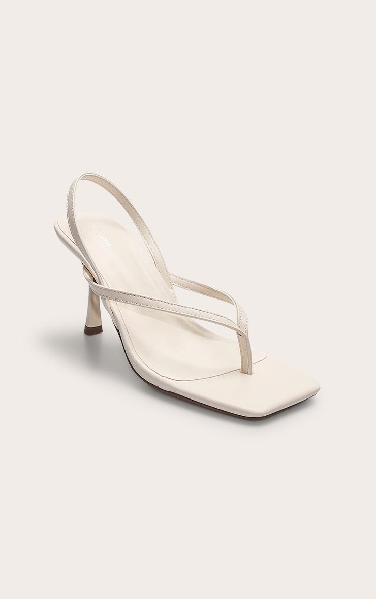 Cream Pu Square Toe Thong Sling Back Mid Heeled Sandals Product Image