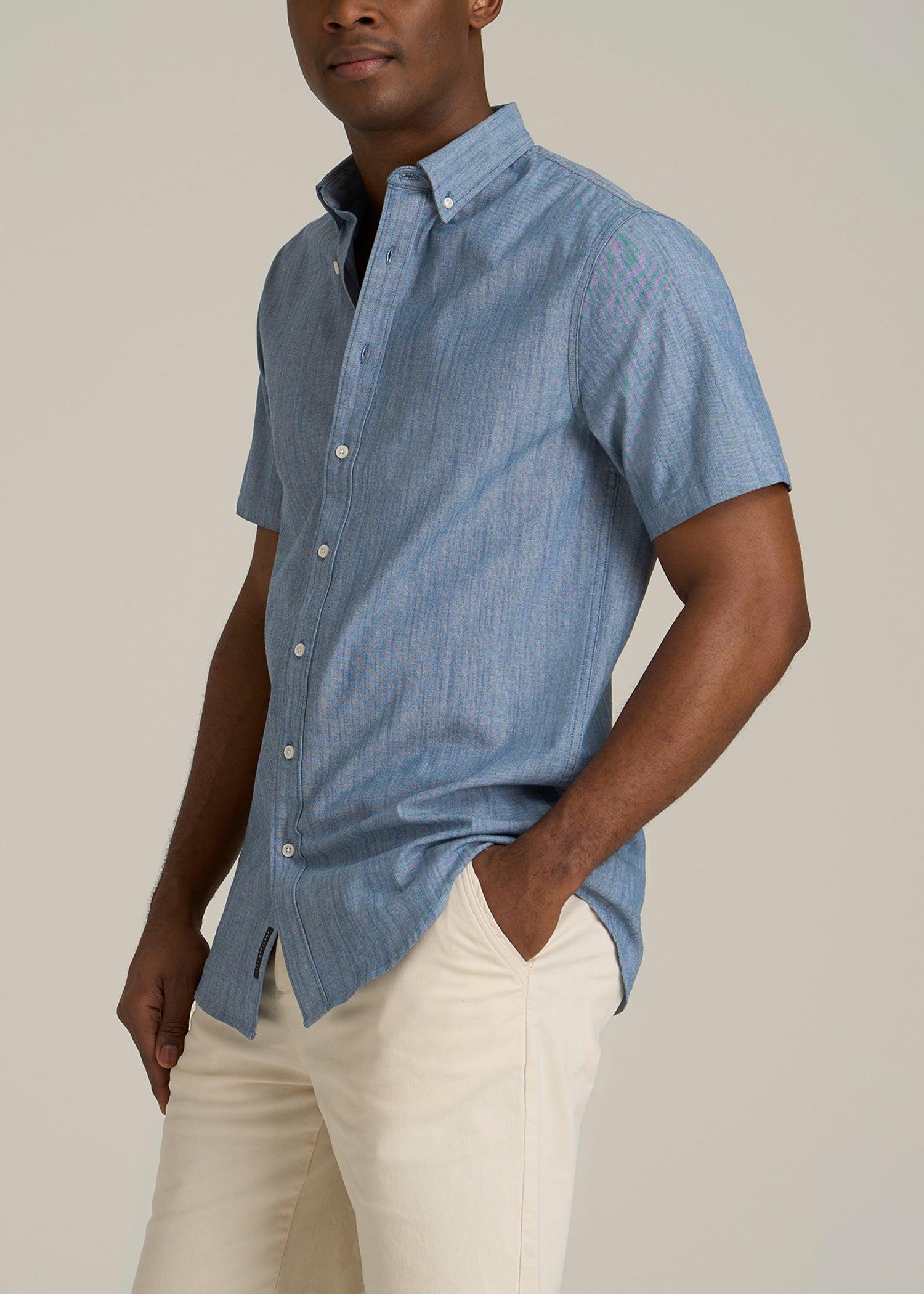 Short Sleeve Stretch Chambray Shirt for Tall Men in Medium Blue Chambray Product Image