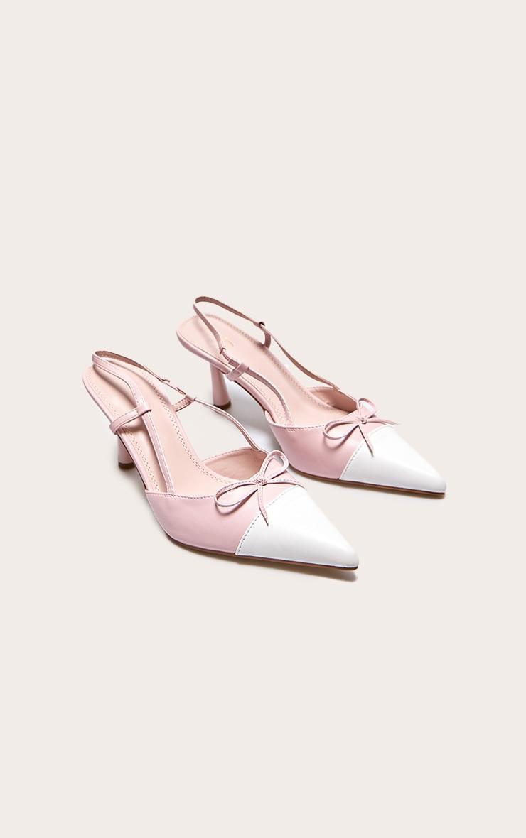 Pink and White Pu Point Toe Bow Detail High Stiletto Court Heels Product Image