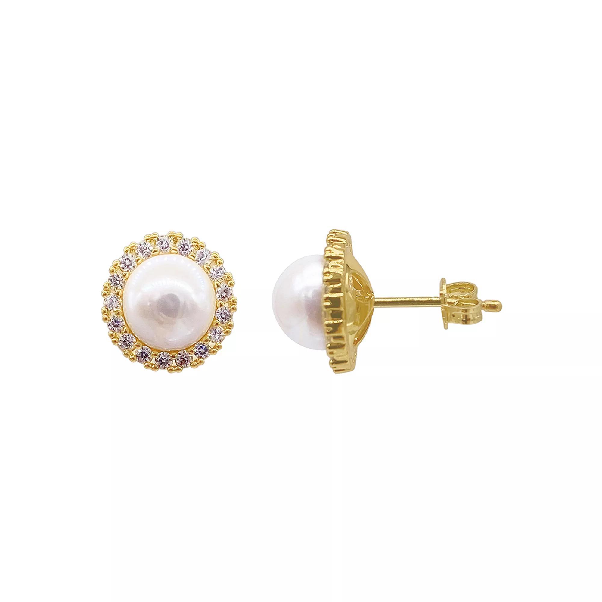Adornia Sterling Silver Freshwater Cultured Pearl & Cubic Zirconia Halo Earrings, Women's, Gold Tone Product Image