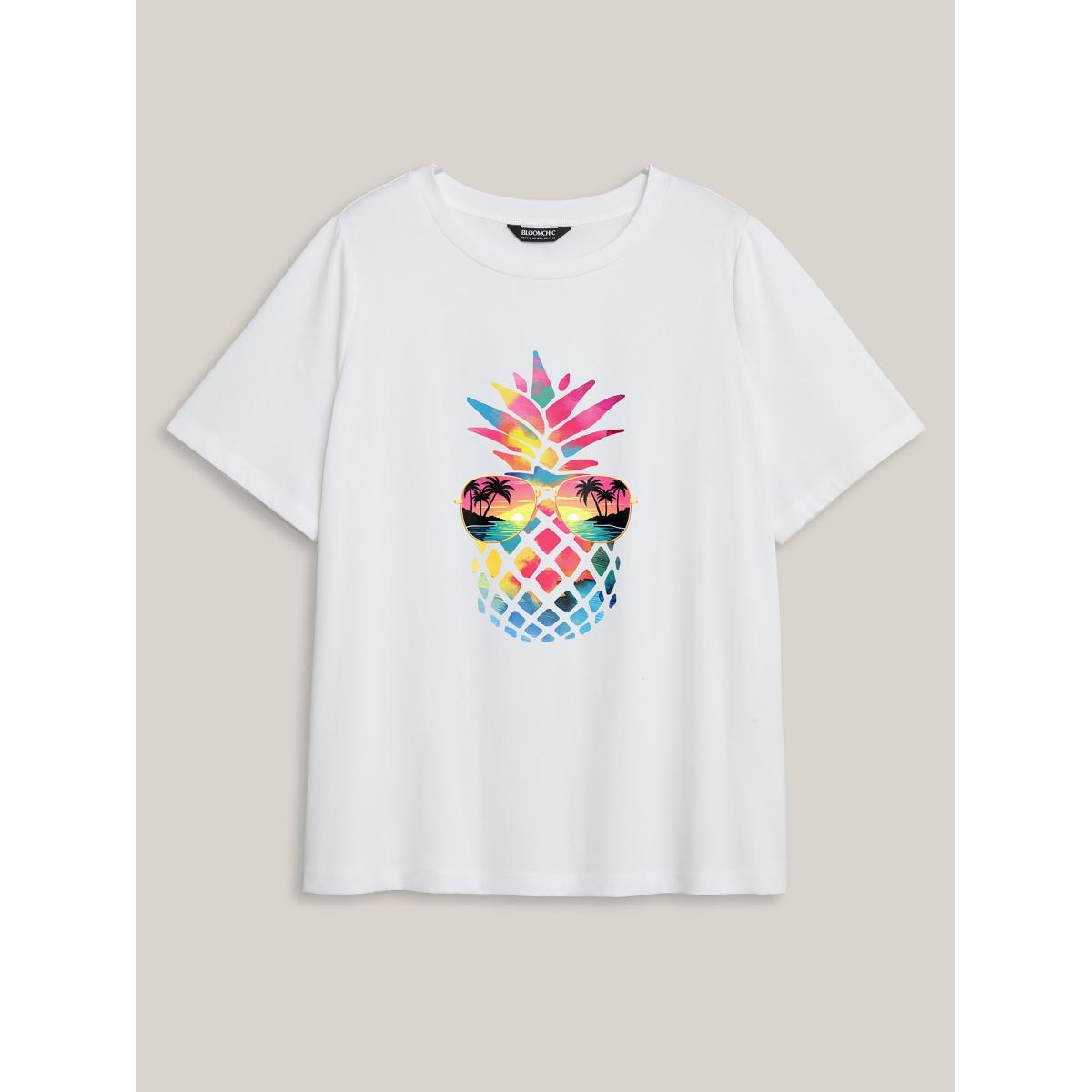 Plus Size Pineapple Vibes Print Round Neck T-Shirt Originalwhite Women Non Fruit Round Neck Everyday-Casual T-shirts BloomChic 14-16/1X Product Image