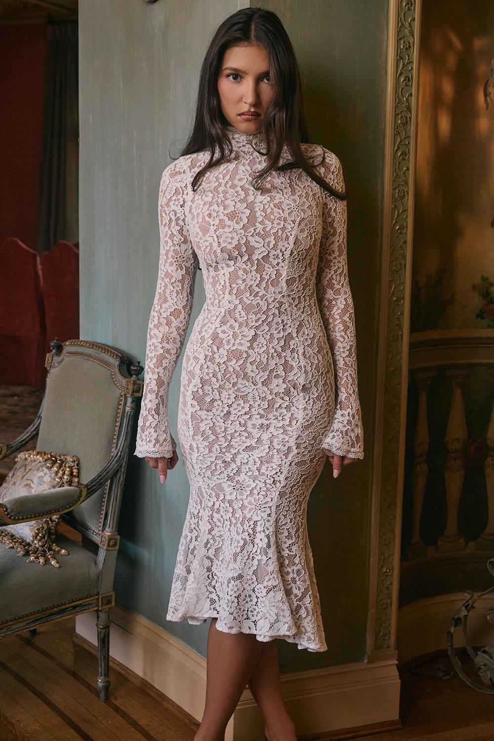 Sophia Vintage Ivory Lace Fitted Midi Dress Product Image