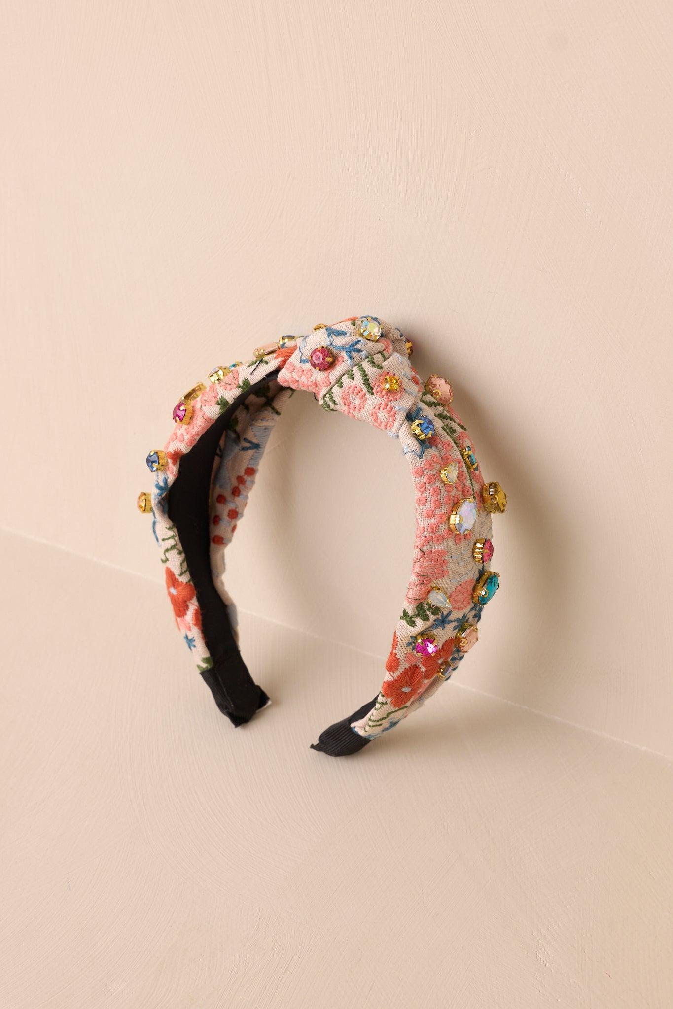 True To Yourself Beige Floral Embroidered Knot Headband Product Image