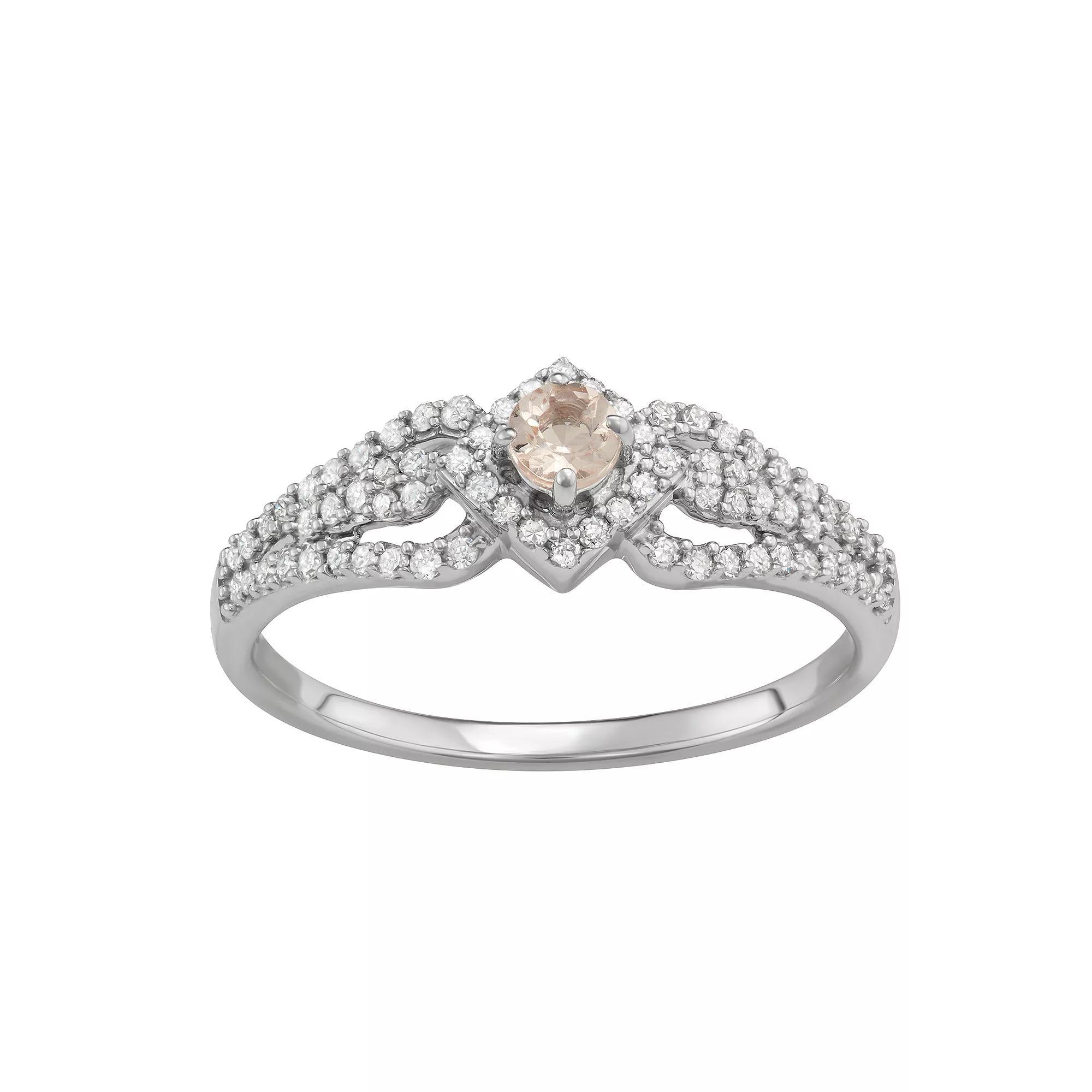 14k White Gold 1/3 Carat T.W. Diamond & Gemstone Square Halo Ring, Womens Morganite Product Image