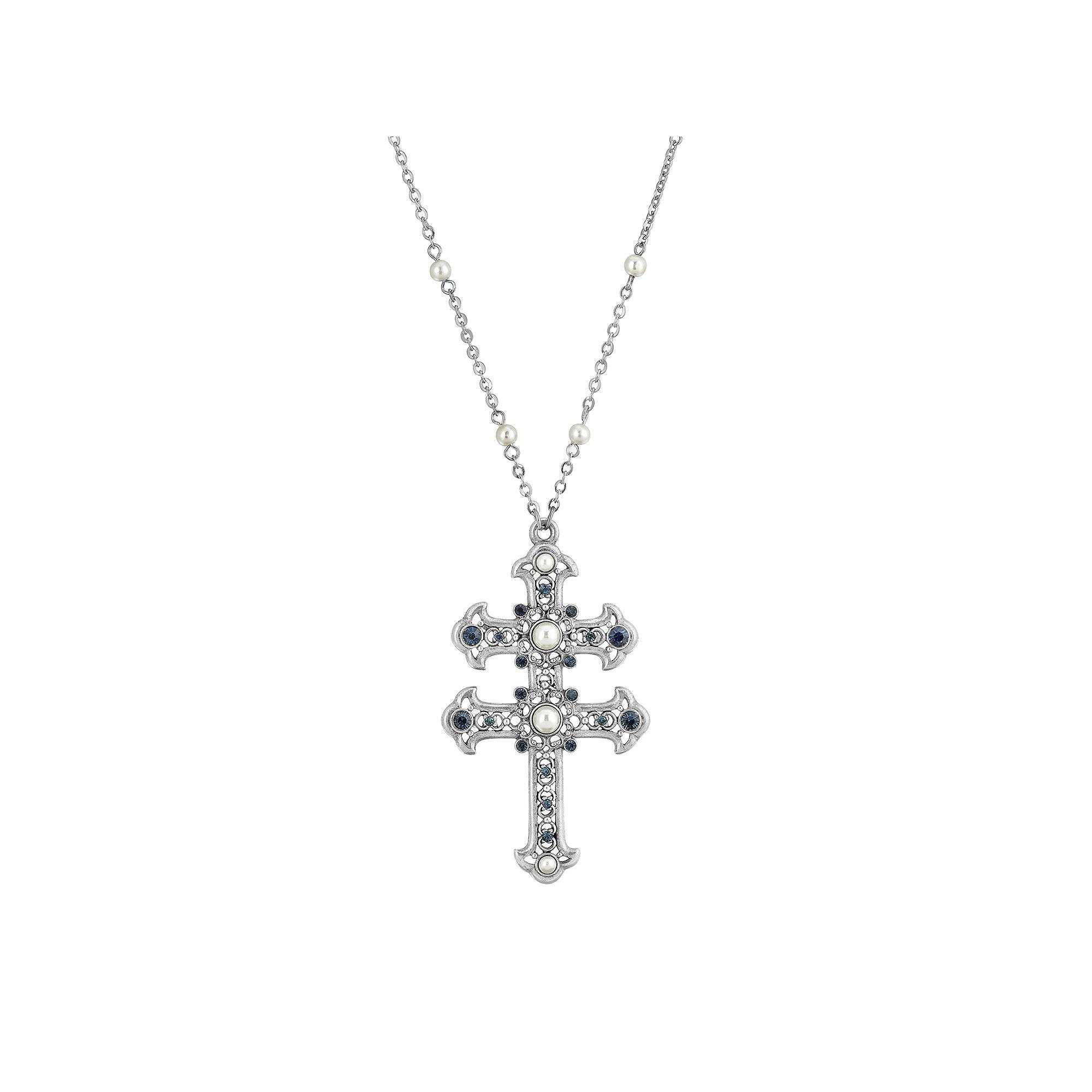 1928 Simulated Pearl & Simulated Crystal Double Cross Pendant Necklace, Womens, Blue Product Image