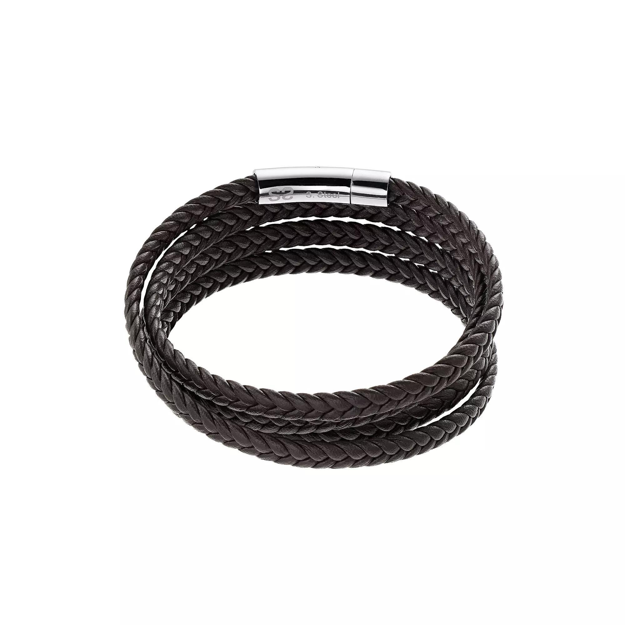 Men's Stainless Steel Brown Leather Braided Bracelet, Size: 7.5" Product Image