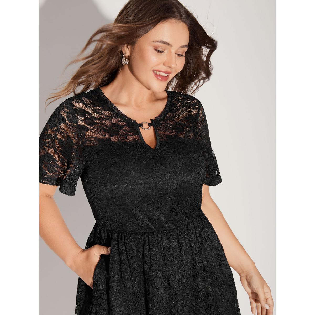 Plus Size Floral Lace Metal Detail Midi Dress Black Women Round Neck Short sleeve Curvy BloomChic 18-20/2X Product Image