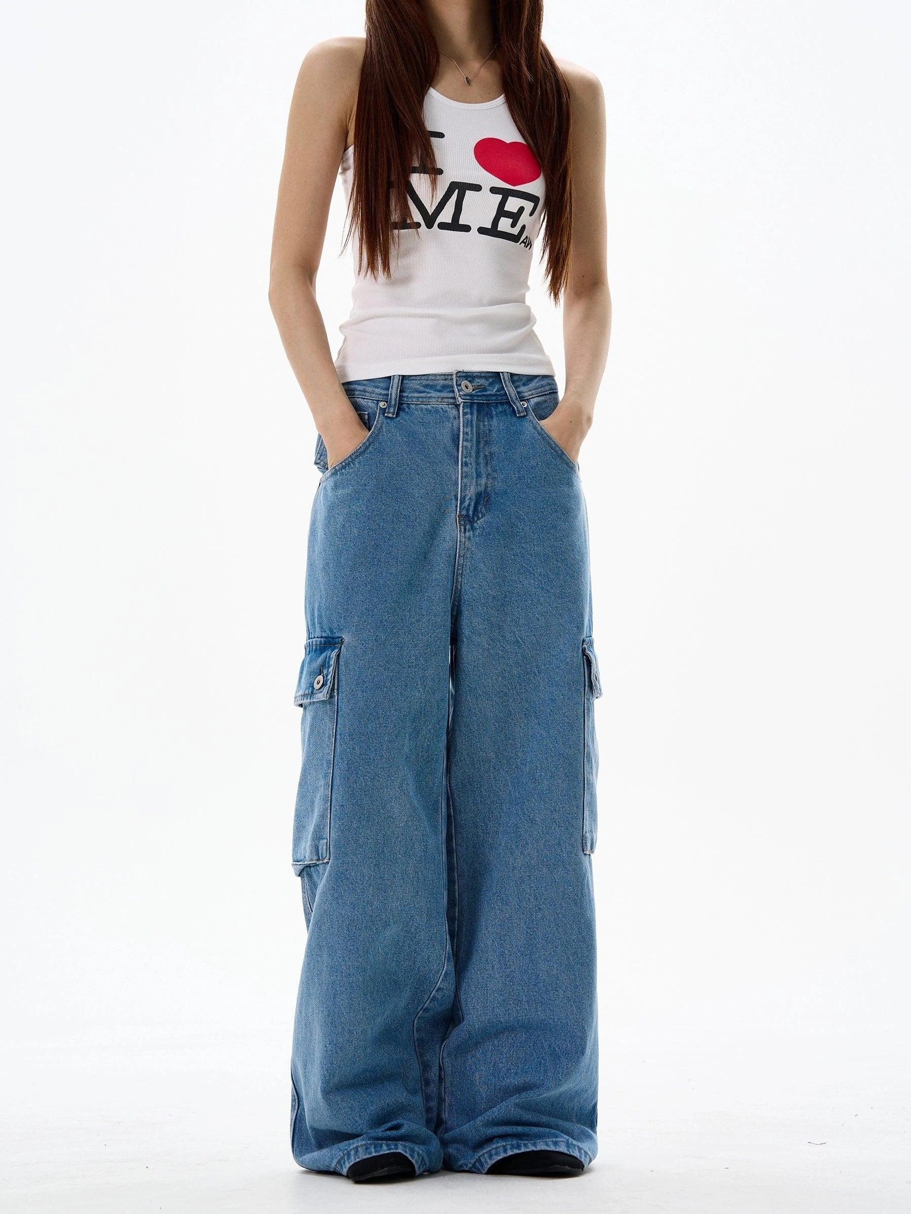 RT No. 13053 BLUE WIDE STRAIGHT CARGO PANTS Product Image