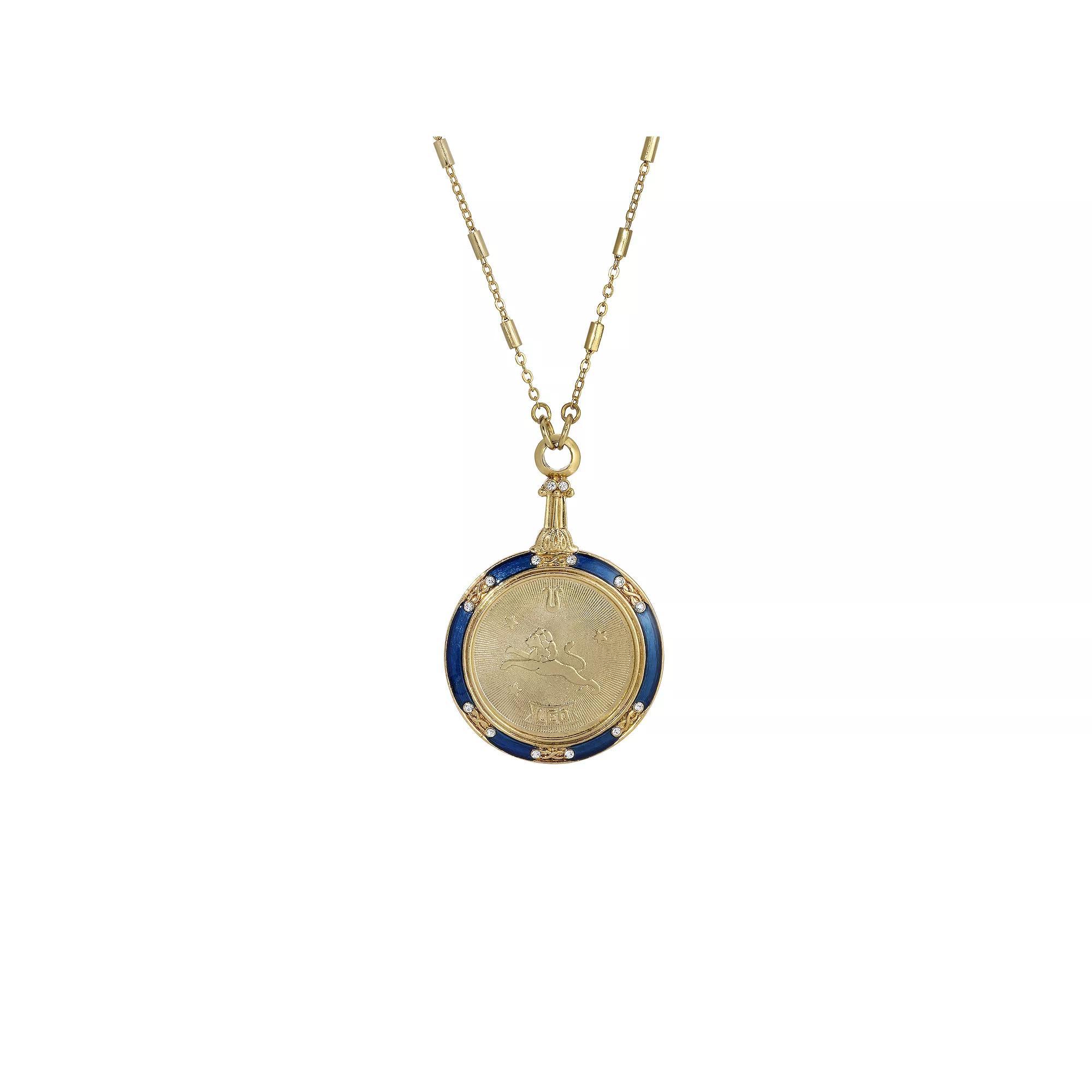 1928 Gold Tone Blue Enamel & Clear Crystal Zodiac Pendant Necklace, Womens, Leo Product Image