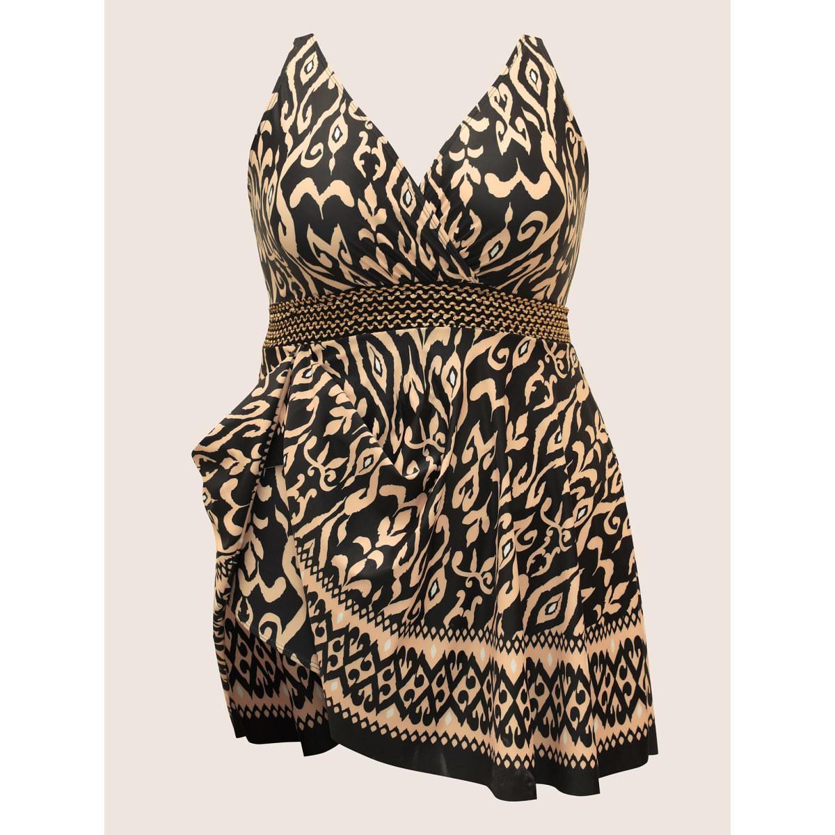 Plus Size Boho Print Overlap Collar Woven Ribbon Swim Dress Women's Swimwear Black Beach Bodycon Overlap Collar High stretch Curve Swim Dresses BloomChic 30/6X Product Image