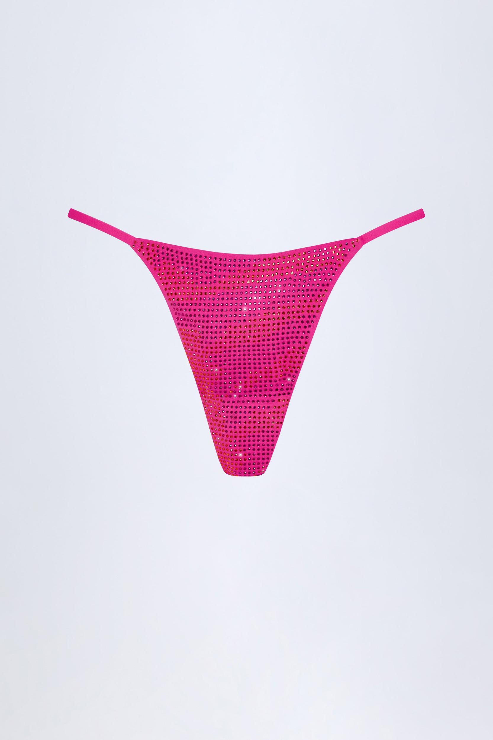 Embellished Thong Bikini Bottoms in Pink Tropical Hotfix Product Image