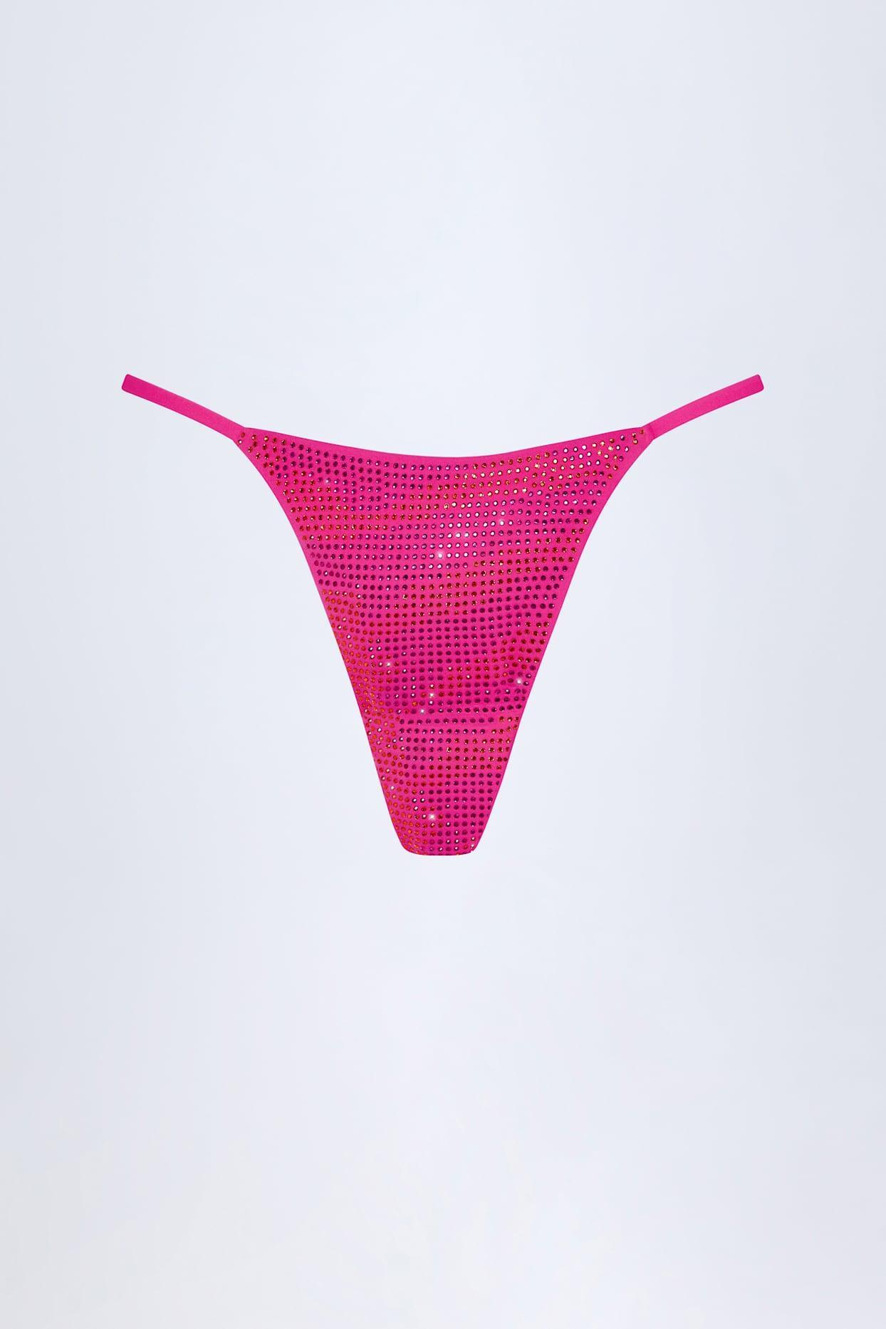 Embellished Thong Bikini Bottoms in Pink Tropical Hotfix Product Image