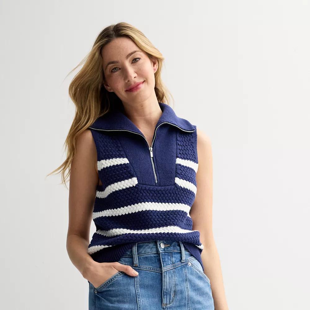 Women's Sonoma Goods For Life® Quarter Zip Sweater Vest, Size: Medium, Essential Blue Stripe Product Image