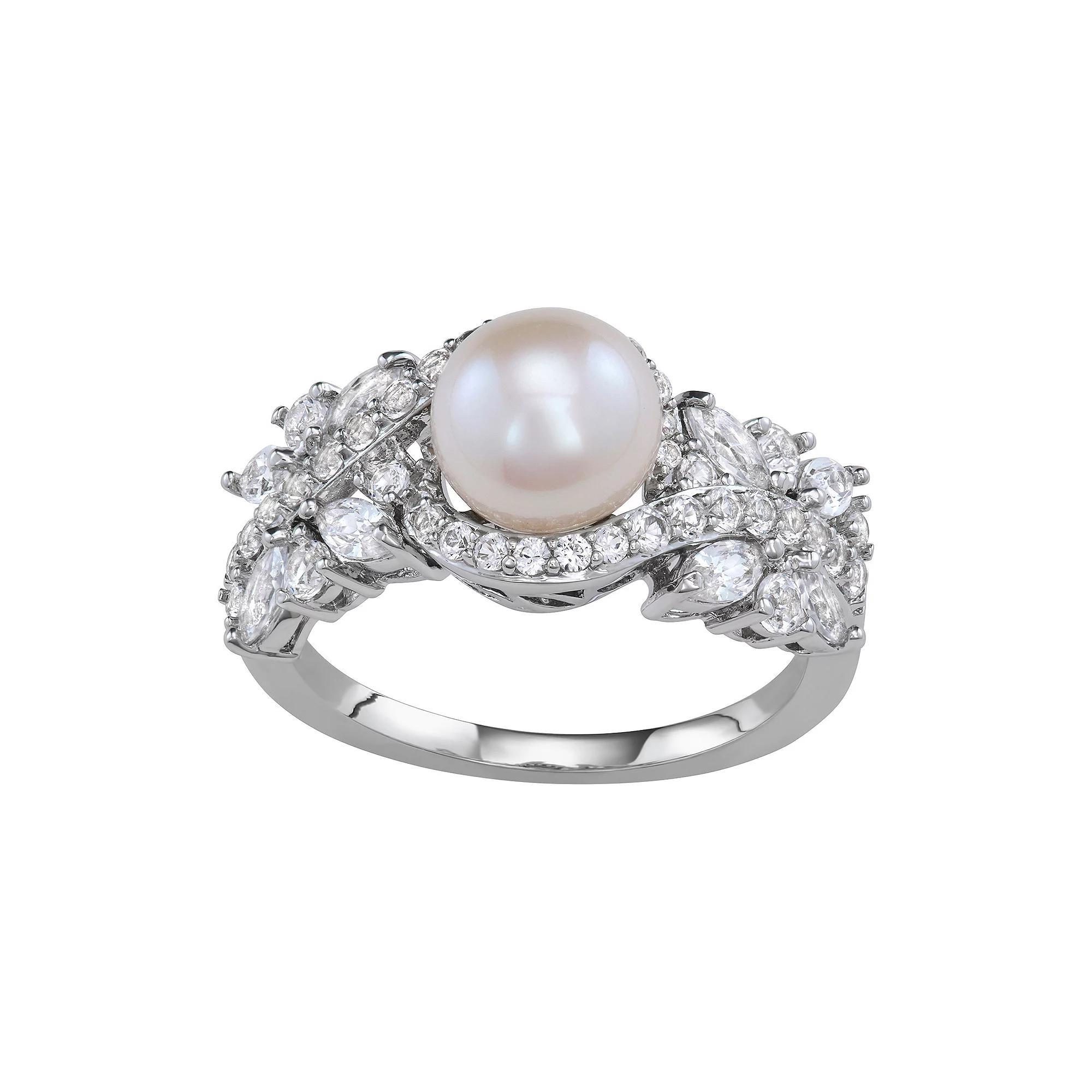 Freshwater Cultured Pearl & Lab Created White Sapphire Ring, Women's, Size: 7, Sterling Product Image