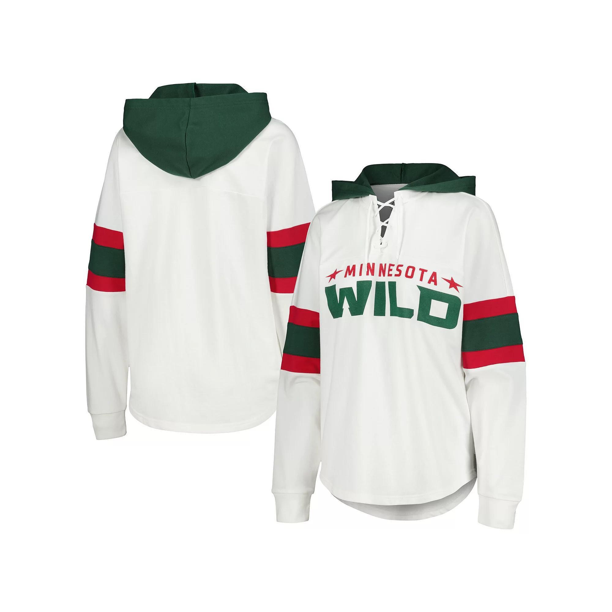 Women's G-III 4Her by Carl Banks White/Green Minnesota Wild Goal Zone Long Sleeve Lace-Up Hoodie T-Shirt, Size: Large Product Image