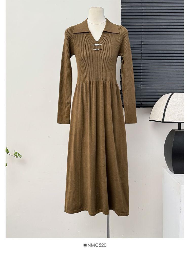 Collared V-Neck Knit Midi Dress in 5 Colors Product Image