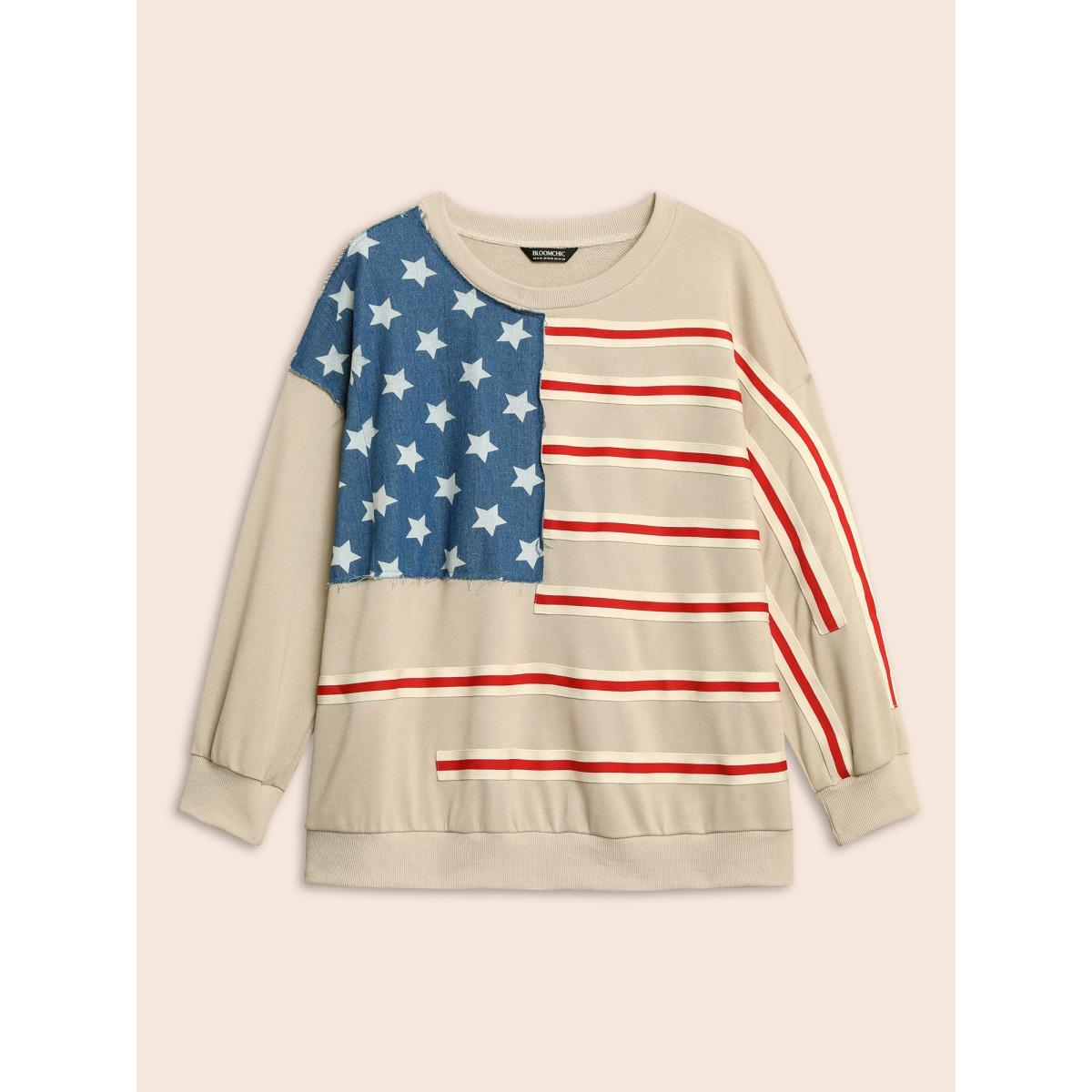 Plus Size Flag And Denim Spliced Crew Neck Sweatshirt Women Champagne Casual Woven ribbon&lace trim Loose Round Neck Everyday Sweatshirts BloomChic 28/5X Product Image