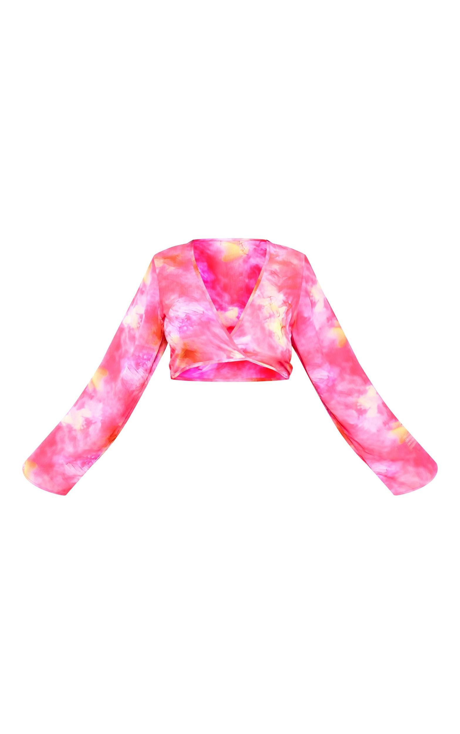 Plus Pink Printed Mesh Wrap Front Beach Top Product Image