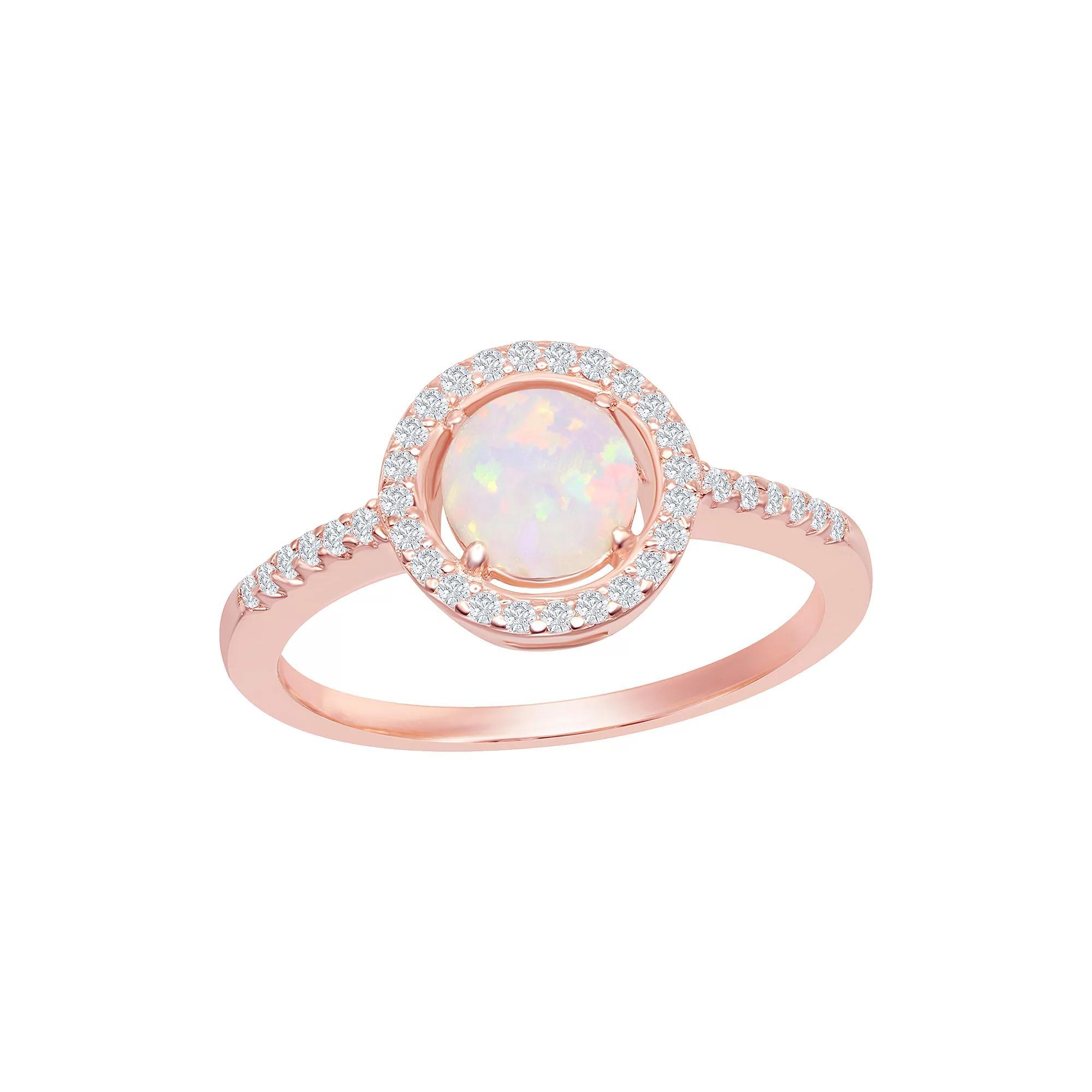 Sterling Silver Round White Opal with Cubic Zirconia Ring, Women's, Size: 6, Pink Tone Product Image